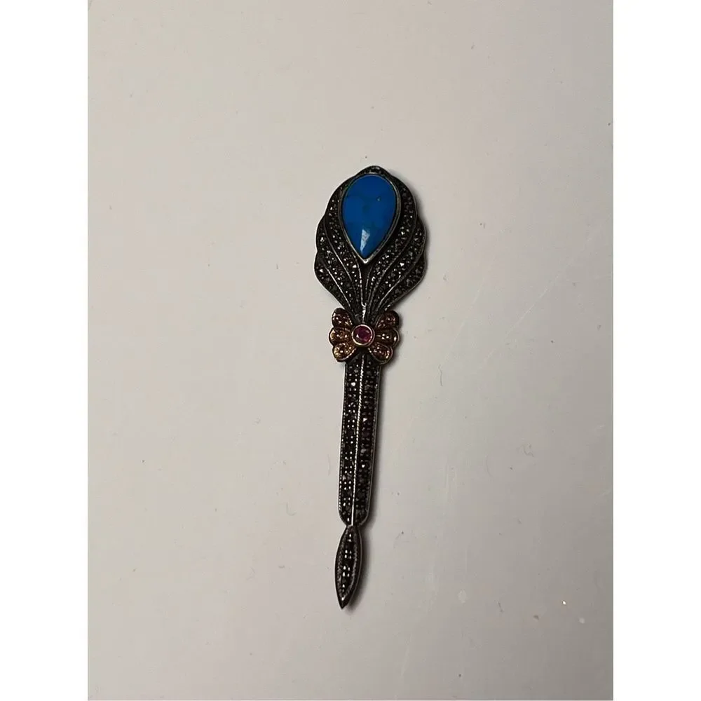 Antique Art Deco Marcasite Turquoise Pink Sapphire C-Clasp Pin Brooch
